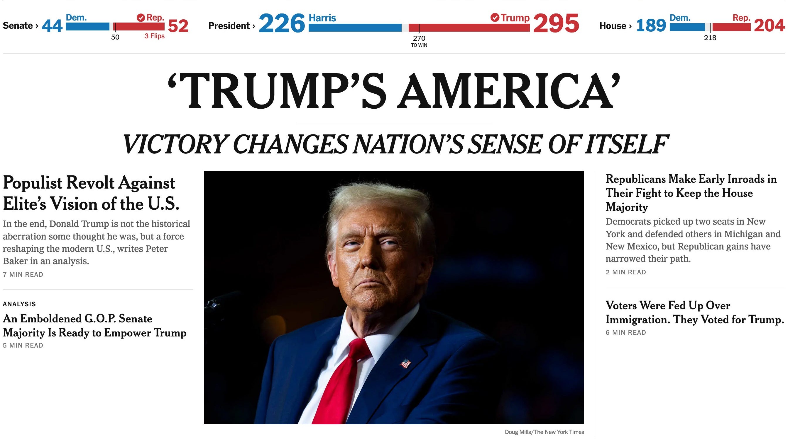 screenshot of New York Times homepage with headline that reads "Trump's America"