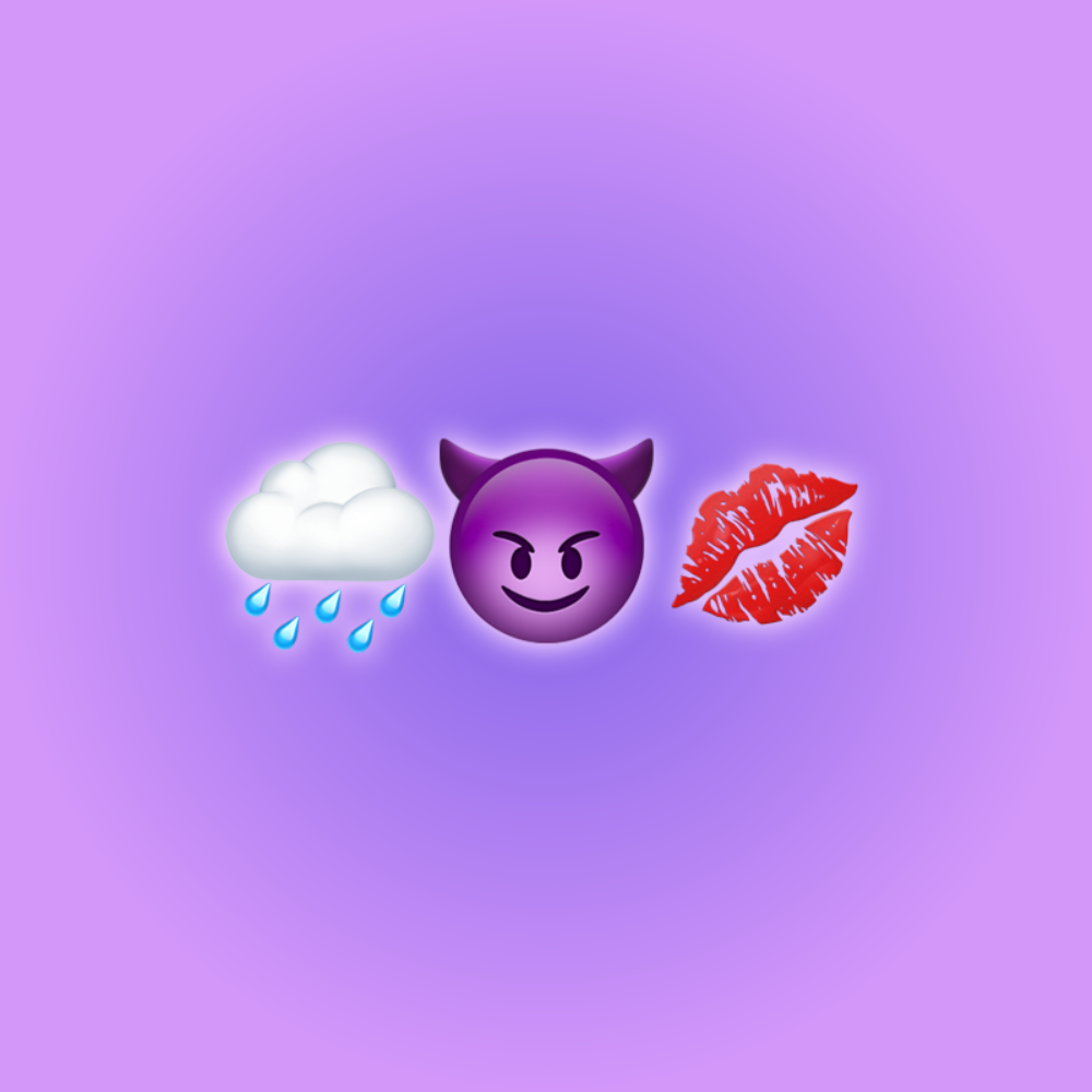 rainy, happy devil, and lipstick emojis